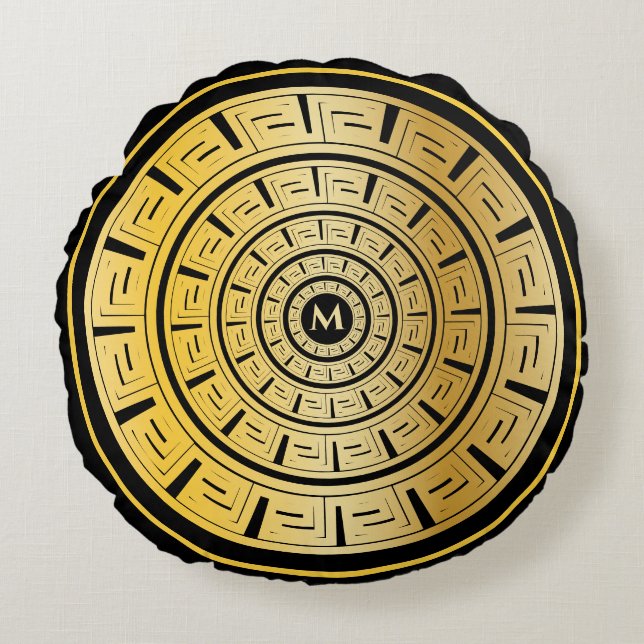 Coussin rond or grec clé personnalisée Monogramme  (Devant)