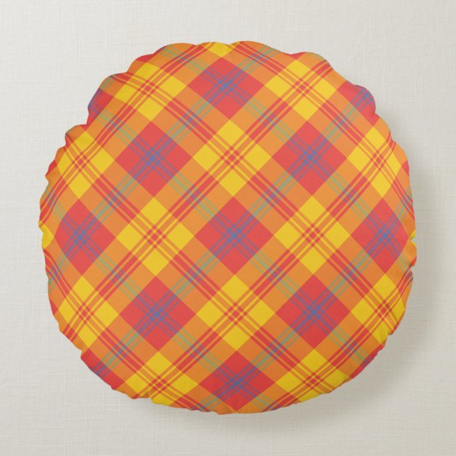 Coussin rond plaid rouge clair jaune bleu, coussin (Devant)