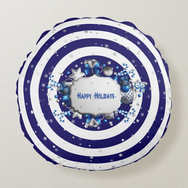 Coussin rond rayé bleu Noël (Devant)