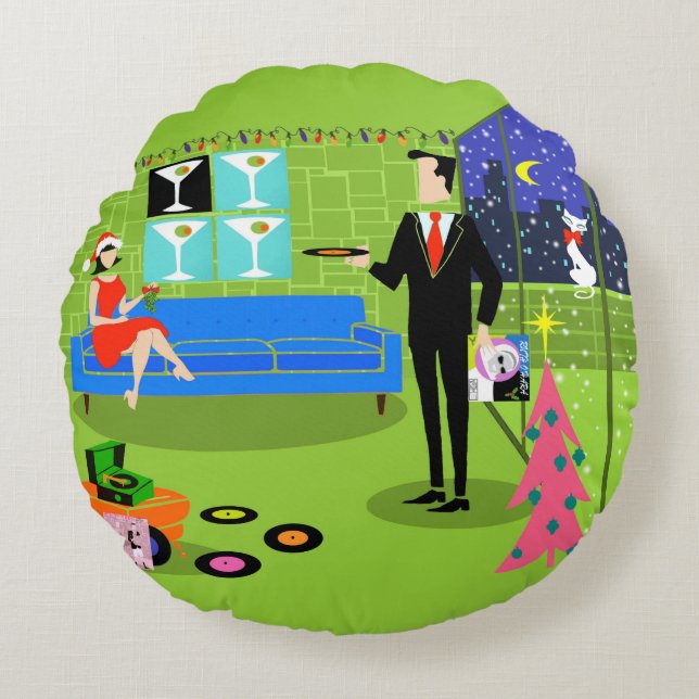 Coussin rond rétro urbain de Noël (Devant)