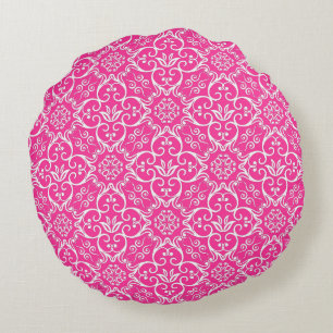 Coussin rond rose et blanc damassé