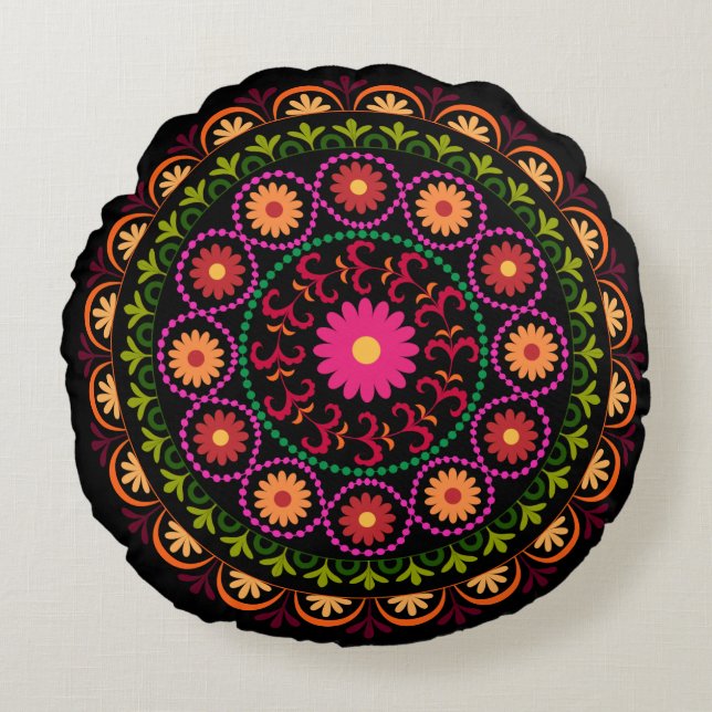 Coussin rond suzani coloré (Devant)