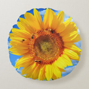 Coussin rond tournesol et abeilles
