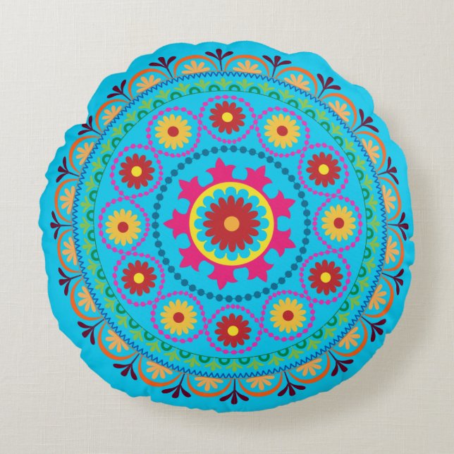 Coussin rond turc de conception florale d'Aqua (Devant)