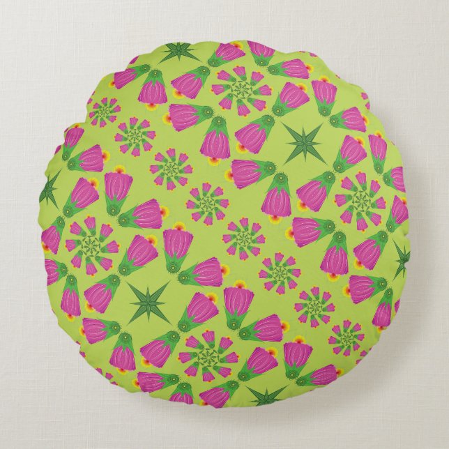 Coussin rond vert Retro Bell Flower Mandalas (Devant)