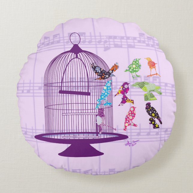 Coussin rond violet Birdcage & Birds Partition (Devant)