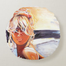 Coussin ronde avec une peinture unique de fille bl