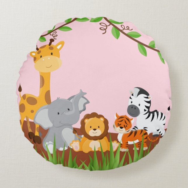 Coussin ronde des bébés animaux de la jungle rose (Devant)