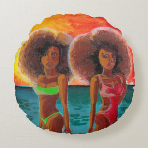 Coussin ronde peinture unique de deux filles de pl