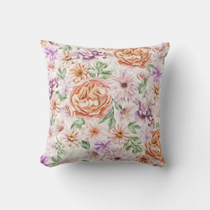 Coussin Rose ancienne aquarelle abricot et fleurs violette