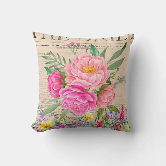 Coussin Rose, Aquarelle, Journaux Vintages (Recto)