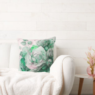 Coussin Rose aquarelle vert émeraude agrandie