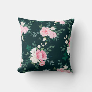 Coussin rose, blanc floral noir sol