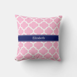 Coussin Rose Blanc Marocain #5 Bleu Nuit 5c Nom Monogramme