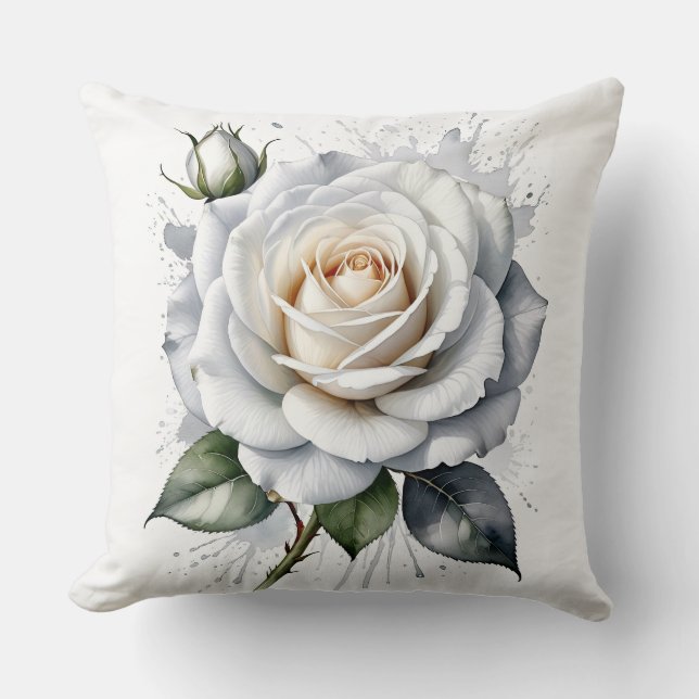 Coussin Rose blanche et rosebud, Feuilles d'argent (Recto)
