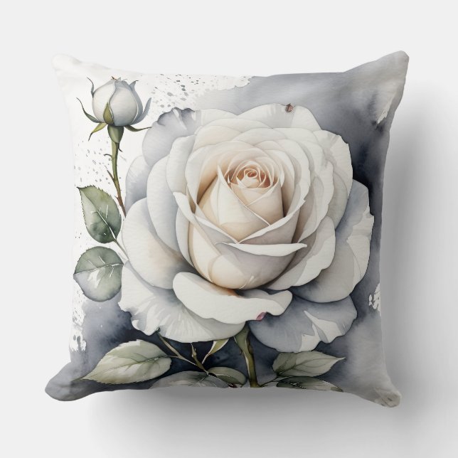 Coussin Rose blanche et rosebud, Feuilles d'argent (Recto)