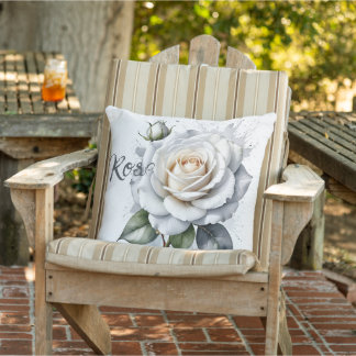 Coussin Rose blanche et rosebud, Feuilles d'argent