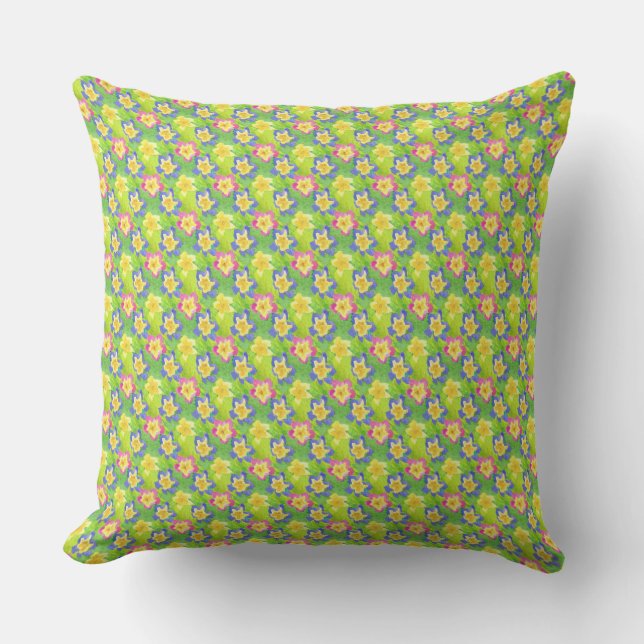 Coussin Rose, Bleu, Jaune sur les Primroses Vertes Motif (Recto)