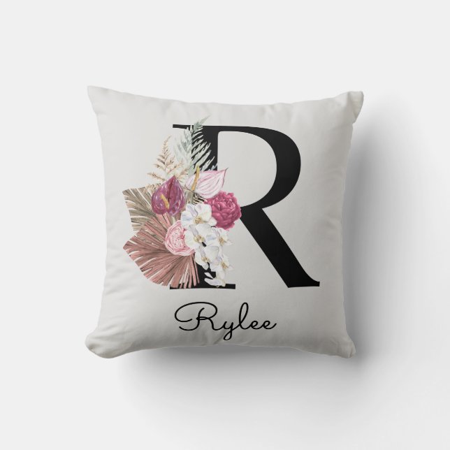 Coussin Rose Boho Girly Florale Initiale R Monogramme (Recto)