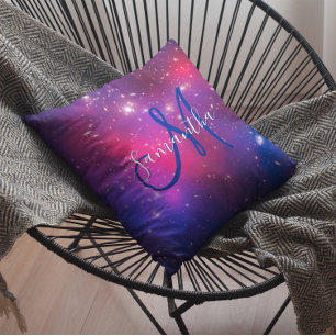 Coussin Rose Chaud et Photo de Monogramme Céleste Bleu Mar