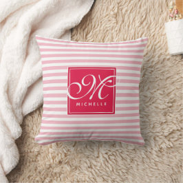Coussin Rose chaud et rose bébé rayé - Monogramme de scrip