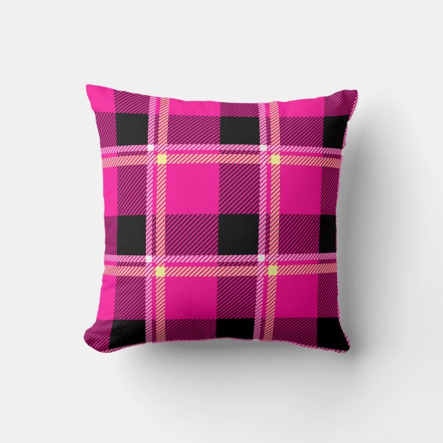 Coussin Rose chaud, noir et jaune plaid (Recto)