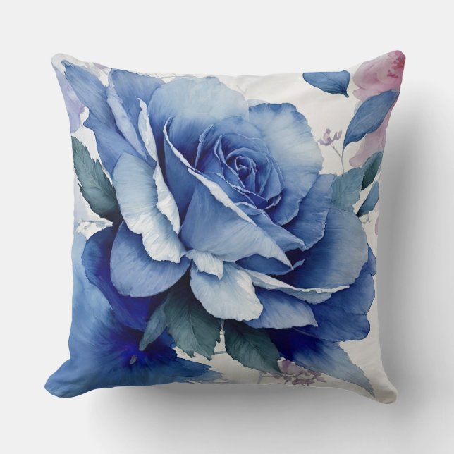Coussin Rose d'aquarelle bleu et rose (Recto)