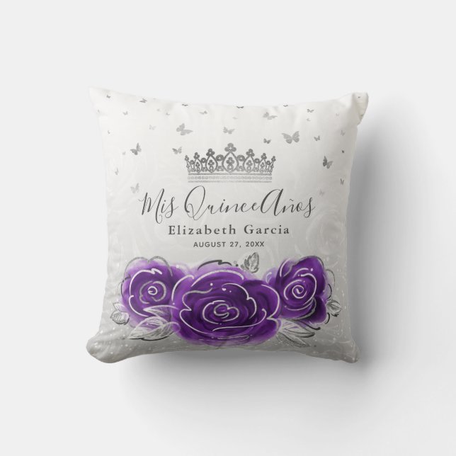 Coussin Rose d'argent et de violet Quinceanera Mis Quince  (Recto)