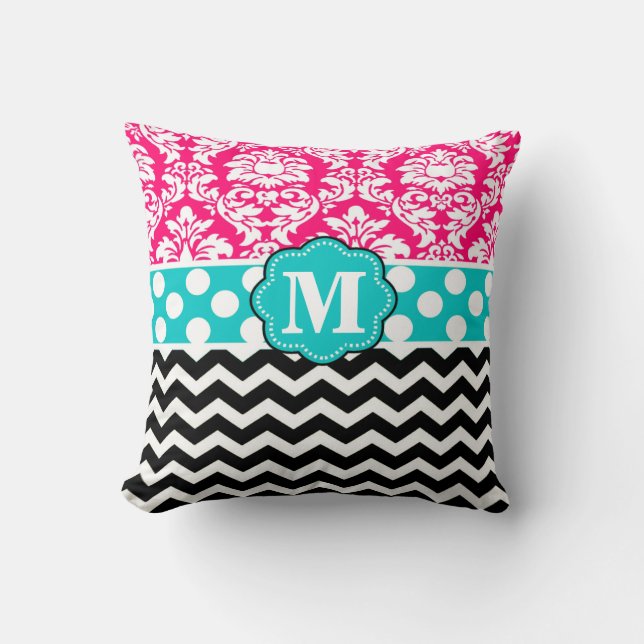 Coussin rose de monogramme de Chevron de damassé (Recto)