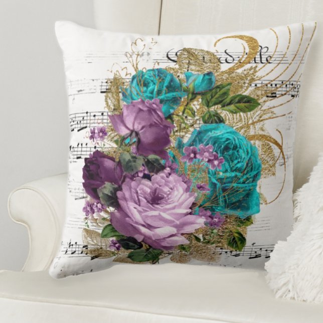 Coussin Rose de ton bijou (Purple and teal floral throw pillow)