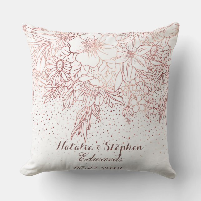 Coussin Rose doodé floral d'or confetti mariage (Recto)