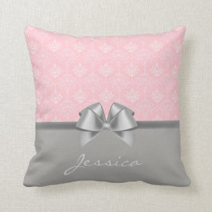 Coussin Rose élégant et gris de motif de damassé