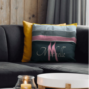 Coussin rose et bleu marine vintage rayures monogrammées