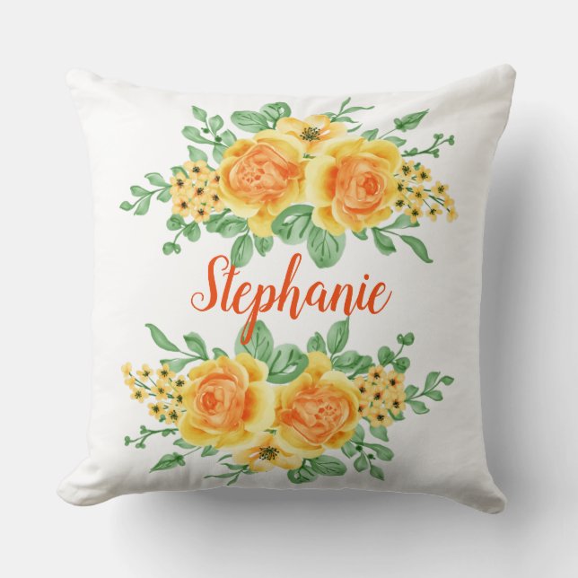 Coussin Rose florale jaune orange élégante personnalisée  (Recto)