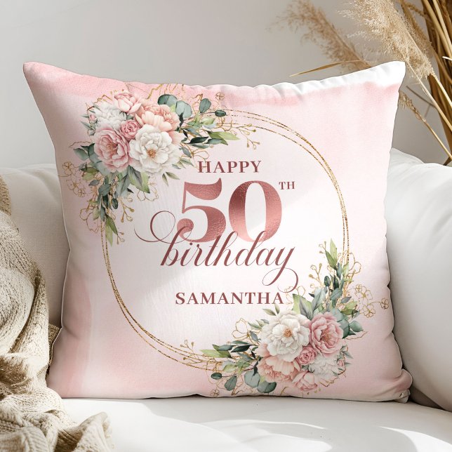 Coussin Rose Gold Blush Floral 50th Birthday Pillow Gift (Rose gold floral 50th birthday,
dusty pink blush gold glitter,
opulent Soft pastel   pink flowers, 
)