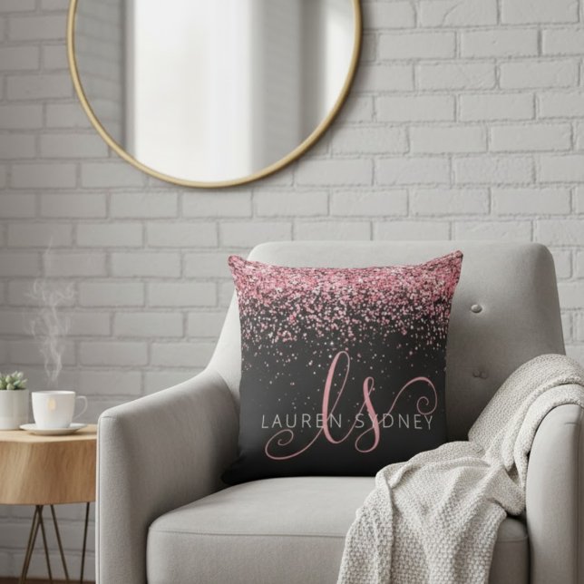Coussin Rose Gold & Blush Pink Glitter Glam Monogram Name (Créateur téléchargé)