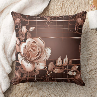Coussin Rose Gold Élégant et Marron Chocolat Géométrique R