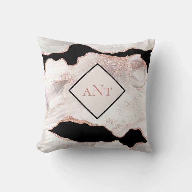 Coussin Rose Gold Glitter Agate Marbré Noir et Blanc Monog (Recto)