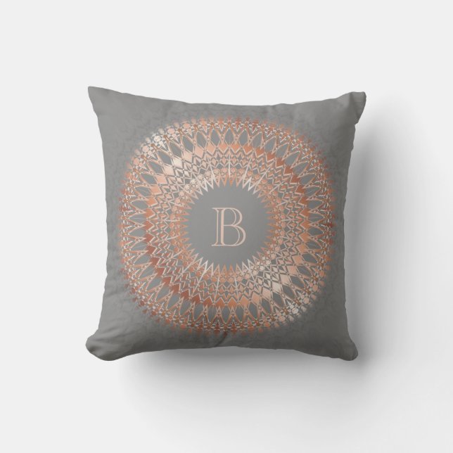 Coussin Rose Gold Grey Moderne Mandala Monogramme (Recto)