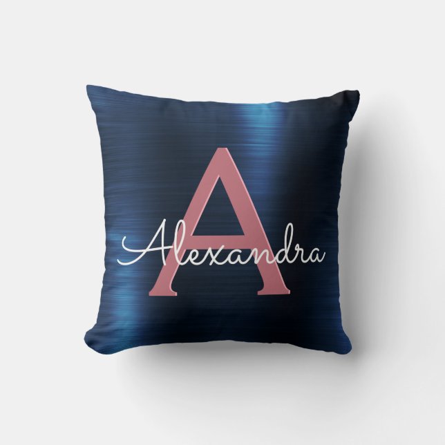 Coussin Rose Gold & Marine Blue Metallic Foil Monogramme (Recto)