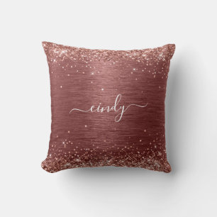 Coussin Rose Gold Pailleté Brique Rouge Métal Brossé Nom