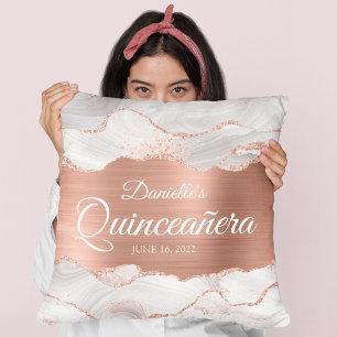 Coussin Rose Gold Pailleté et Agate Blanche pour Quinceañe