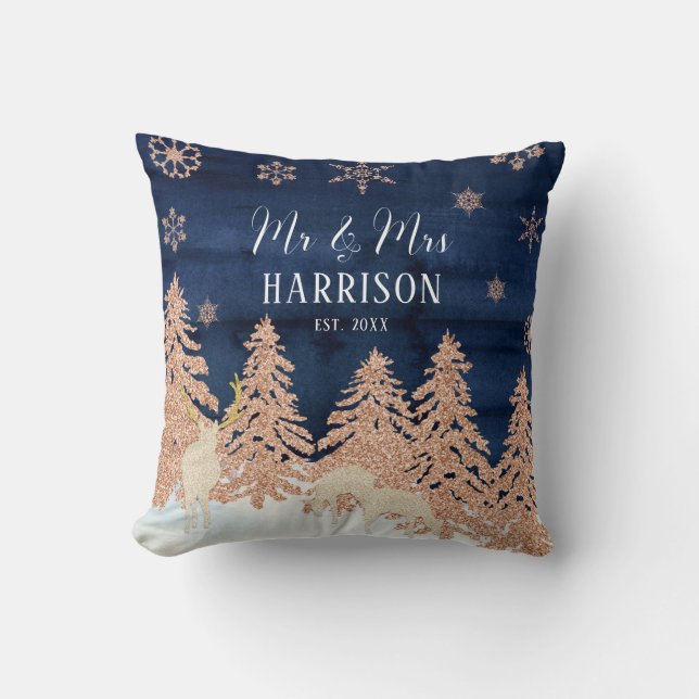 Coussin Rose Gold Pailleté Navy Blue Forêt Hivernale Mr et (Recto)