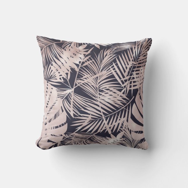 Coussin Rose Gold Pink Dark Tropical Palm Tree Leaves (Recto)