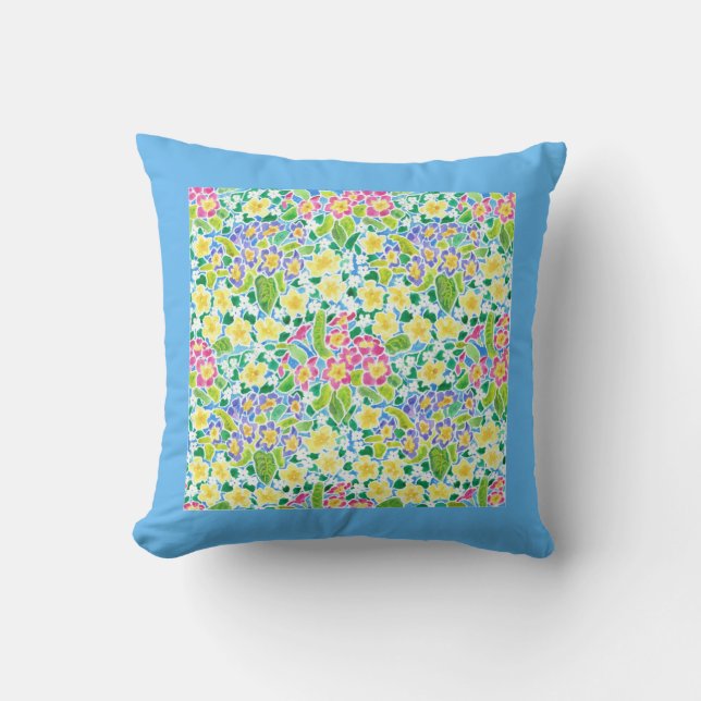 Coussin Rose, Jaune, Motif Primrose Bleu. (Recto)