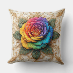 Coussin Rose multicolore aux fioritures dorées ornées