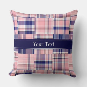 Coussin Rose Navy Blanc Prépa Patchwork Madras N Monogramm