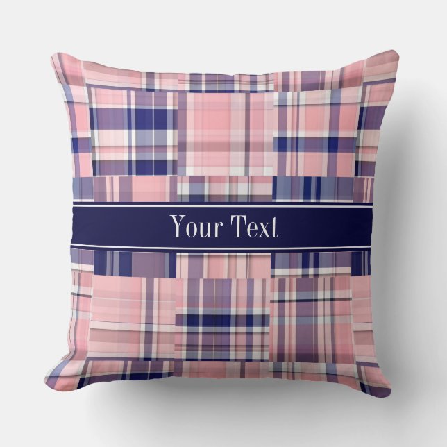 Coussin Rose Navy Blanc Prépa Patchwork Madras N Monogramm (Recto)