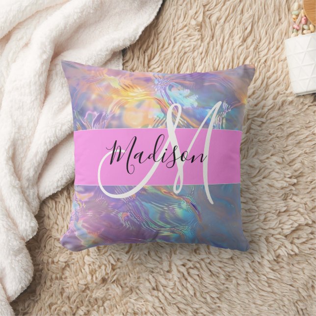 Coussin Rose Nom Monogramme Holographique Iridescent (Couverture)