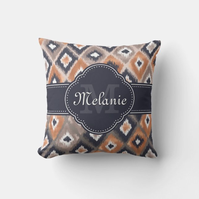 Coussin Rose or rose Ikat Motif marine Monogramme (Recto)